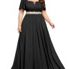Women's Plus Size Floral Lace Ruffle Sleeves Beads Waist Chiffon Formal Party Maxi Dress