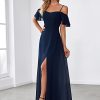 Women's Formal Dresses Off Shoulder Short Sleeve Split A-Line Floor Length Bridesmaid Dresses 0237