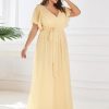Women's Plus Size Chiffon A-Line Deep V-Neck Elastic Sash Waist Floor Length Formal Bridesmaid Dress