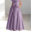 Womens Off The Shoulder Satin Mother of The Bride Dresses with Bow Tea Length Formal Gowns Evening Dress