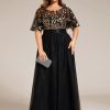 Women's Round Neck Short Sleeves Plus Size A-Line Tulle Sequin Formal Evening Dresses 0904-DA2