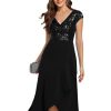 Women's Elegant V Neck Sequin Short Sleeve Hi-Lo Tea Length Evening Gowns 02325