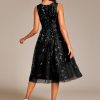 Women's Sequin Sparkly Crew Neck Short Sleeve Tea Length Evening Dress 20736
