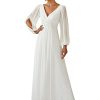 Women's V Neck Long Sleeves Floor Length Ruched Chiffon Formal Dress 00461