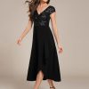 Women's Elegant V Neck Sequin Short Sleeve Hi-Lo Tea Length Evening Gowns 02325