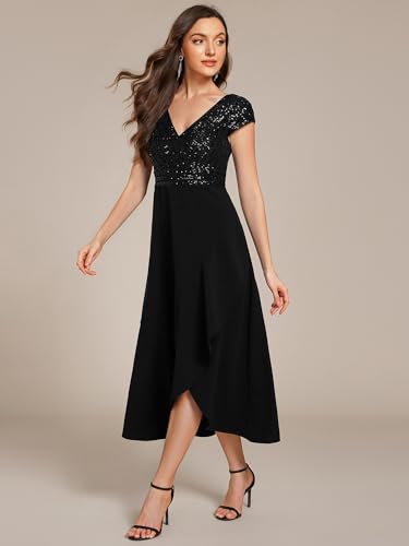 Women's Elegant V Neck Sequin Short Sleeve Hi-Lo Tea Length Evening Gowns 02325