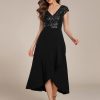 Women's Elegant V Neck Sequin Short Sleeve Hi-Lo Tea Length Evening Gowns 02325