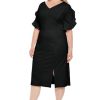 Women's V-Neck Midi Sheath Ruffle Sleeves-Front Slit-Elegant Wedding Guest Cocktail Dress