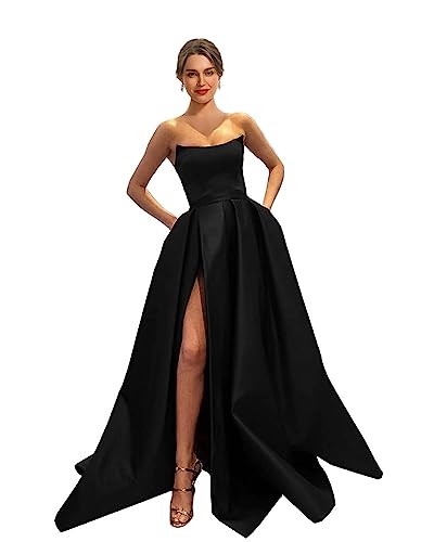 Womens Long Strapless Satin Prom Dress Sleeveless Slit Evening Ball Gown with Pockets