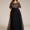 Women's Round Neck Short Sleeves Plus Size A-Line Tulle Sequin Formal Evening Dresses 0904-DA2