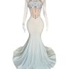 White Satin Crystals Mermaid Prom Evening Wedding Party Dress Celebrity Pageant Wedding Guest Gown Bridal Gown