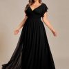 Women's Summer Chiffon Ruffles Sleeve Pleated Back Cutout Plus Size Bridesmaid Dresses Formal Gowns
