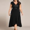 Women's Summer V Neck A Line Sequin Cap Sleeves Tea Length Plus Size Formal Wedding Guest Dresses