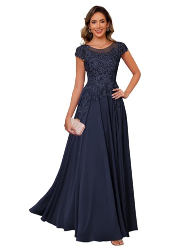 Women's Lace Applique Mother of The Bride Dress Cap Sleeves Round Neck Evening Gown NO195