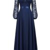 Women's Wedding Guest A-Line Dress Floral Lace Deep V Neck Long Sleeve Formal Evening Gown