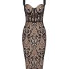 Lace Fishbone Midi Cocktail Party Bandage Dress for Women Back Slit Wedding Guest Dress