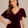 Women's Velvet Ruffle Sleeve V-Neck Wrap Waist Maxi Dress High Low Wedding Guest Dresses 02041