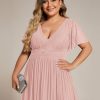 Women's A Line V Neck Glitter Short Sleeves Pleated Plus Size Formal Evening Dresses 11961-DA