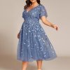Women's V Neck Short Sleeves Embroidery Empire Waist Sequin Plus Size Midi Cocktail Wedding Guest Dresses 2230-DA