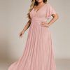 Women's A Line V Neck Glitter Short Sleeves Pleated Plus Size Formal Evening Dresses 11961-DA