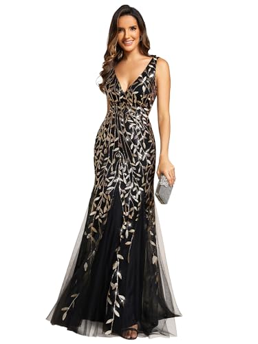 414jhnv8vsL.jpg Women's Formal Dress Sequin Tulle Double V-Neck Sleeveless Mermaid Long Evening Dress 07886