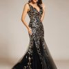 415PyESPJAL.jpg Women's Formal Dress Sequin Tulle Double V-Neck Sleeveless Mermaid Long Evening Dress 07886