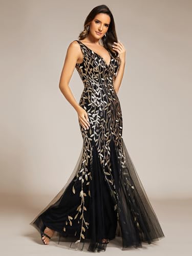 415PyESPJAL.jpg Women's Formal Dress Sequin Tulle Double V-Neck Sleeveless Mermaid Long Evening Dress 07886