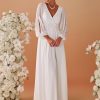 Women's V Neck Long Sleeves Floor Length Ruched Chiffon Formal Dress 00461