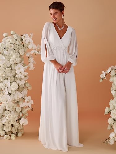 Women's V Neck Long Sleeves Floor Length Ruched Chiffon Formal Dress 00461