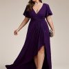 Women's Glitter Stretchy V Neck A-line High Low Plus Size Formal Dresses with Ruffles Sleeves 01738-PH