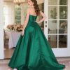 Womens Long Strapless Satin Prom Dress Sleeveless Slit Evening Ball Gown with Pockets
