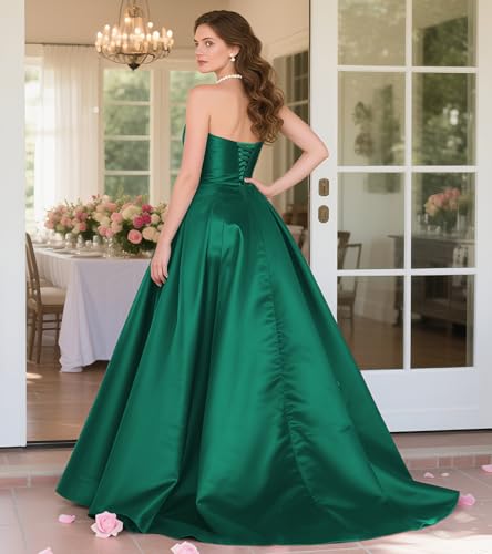 Womens Long Strapless Satin Prom Dress Sleeveless Slit Evening Ball Gown with Pockets