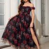 Womens Wedding Guest 2025 Elegant Classy Off The Shoulder Dress Floral Sleeveless Tulle Split Cocktail Party Maxi Dresses