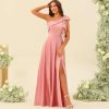 One Shoulder Bridesmaid Dress with Bow Long Prom Dress Satin Formal Gown with Slit BI151