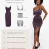 Sparkly Cocktail Dresses for Women Tummy Control Formal Shapewear Dress Square Neck Ruched Midi Dress Side Slit