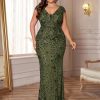 Plus Size Womens Sequined Long Evening Gown Glamous Sleeveless V-Neck Mermaid Prom Dress for Wedding Party