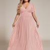 Women's A Line V Neck Glitter Short Sleeves Pleated Plus Size Formal Evening Dresses 11961-DA