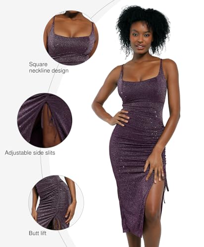 Sparkly Cocktail Dresses for Women Tummy Control Formal Shapewear Dress Square Neck Ruched Midi Dress Side Slit