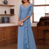 Chiffon Mother of The Bride Dresses for Wedding with 3/4 Sleeves Long Ruched Applique Formal Dress RS111