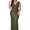 Plus Size Womens Sequined Long Evening Gown Glamous Sleeveless V-Neck Mermaid Prom Dress for Wedding Party