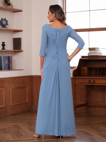 Chiffon Mother of The Bride Dresses for Wedding with 3/4 Sleeves Long Ruched Applique Formal Dress RS111