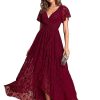 Women's Lace V Neck Ruffles Sleeves Pleated Empire Waist A-Line Maxi Formal Dresses 01489