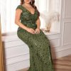 Plus Size Womens Sequined Long Evening Gown Glamous Sleeveless V-Neck Mermaid Prom Dress for Wedding Party