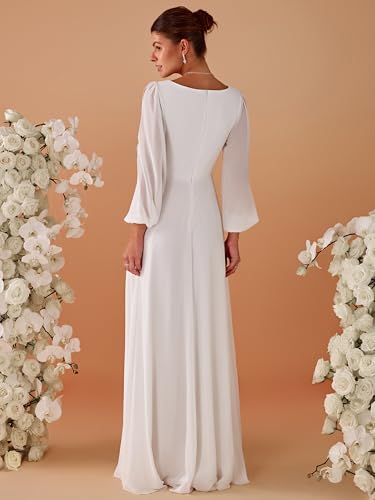 Women's V Neck Long Sleeves Floor Length Ruched Chiffon Formal Dress 00461