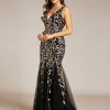 41LrBL33vL.jpg Women's Formal Dress Sequin Tulle Double V-Neck Sleeveless Mermaid Long Evening Dress 07886