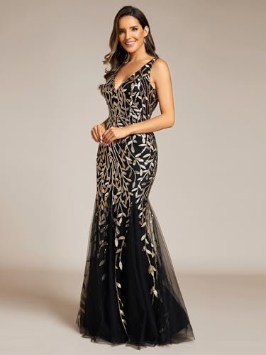 41LrBL33vL.jpg Women's Formal Dress Sequin Tulle Double V-Neck Sleeveless Mermaid Long Evening Dress 07886