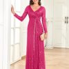 Glitter Sequin Formal Evening Gown Long Sleeve V Neck Wedding Guest Dress for Women
