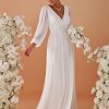 Women's V Neck Long Sleeves Floor Length Ruched Chiffon Formal Dress 00461