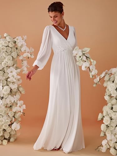 Women's V Neck Long Sleeves Floor Length Ruched Chiffon Formal Dress 00461