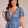 Women's V Neck Short Sleeves Embroidery Empire Waist Sequin Plus Size Midi Cocktail Wedding Guest Dresses 2230-DA